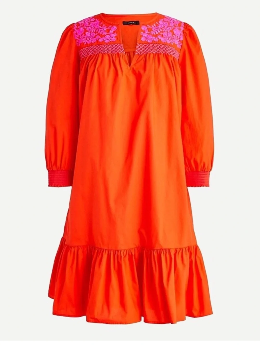 J.Crew Leda Embroidered Popover Dress XS Red Pink Floral Cotton Ruffle Pockets